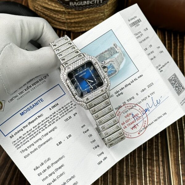 Swiss 1:1 Cartier Replica Watch Santos Full Diamond Moissanite Blue Dial 39.8mm - Top Watch