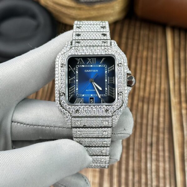 Swiss 1:1 Cartier Replica Watch Santos Full Diamond Moissanite Blue Dial 39.8mm - Top Watch - 图片 2