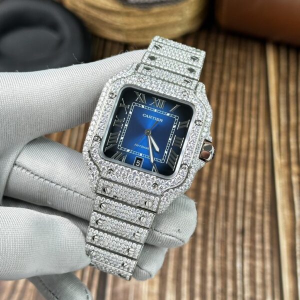 Swiss 1:1 Cartier Replica Watch Santos Full Diamond Moissanite Blue Dial 39.8mm - Top Watch - 图片 3