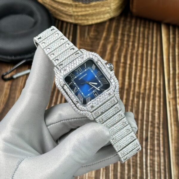 Swiss 1:1 Cartier Replica Watch Santos Full Diamond Moissanite Blue Dial 39.8mm - Top Watch - 图片 4