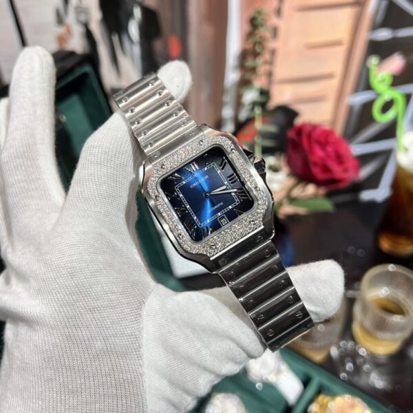 Best Fake Cartier Replica Watch Santos Moissanite Diamond Bezel Blue Dial BV Factory 39.8mm - Top Watch - Image 2