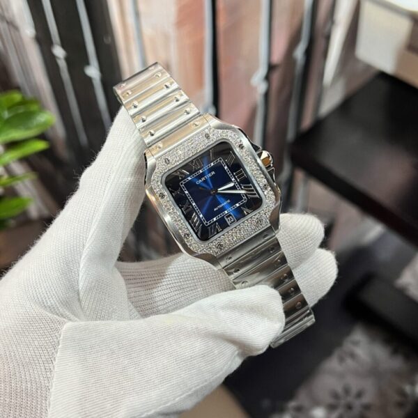 Best Fake Cartier Replica Watch Santos Moissanite Diamond Bezel Blue Dial BV Factory 39.8mm - Top Watch - Image 3