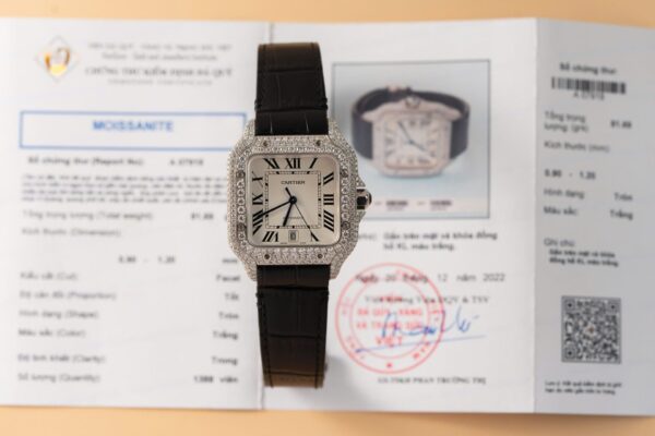 Best Fake Cartier Santos With Moissanite Diamond Hong Kong Rep 11 Watch Leather Strap 39.8mm - Top Watch