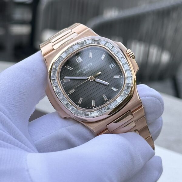 Best Fake Patek Philippe Nautilus 5723 Gold Wrapped With Moissanite Baguette Diamonds 3K 40mm - Top Watch - Image 5