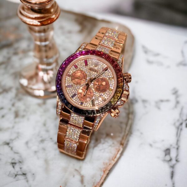 Replica Rolex Daytona Rainbow Replica Watch Gold Wrapped + Ruby + Moissanite Diamonds 40mm - Top Watch - Image 2