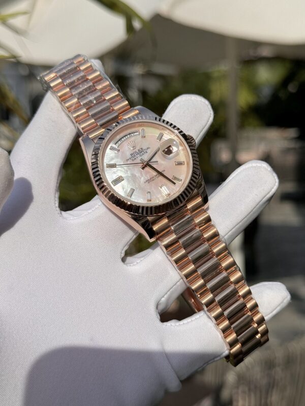 Best Fake Rolex Replica 11 Watch Natural Mother of Pearl Dial Moissanite Gold Wrapped Day-Date 40mm - Top Watch - Image 3
