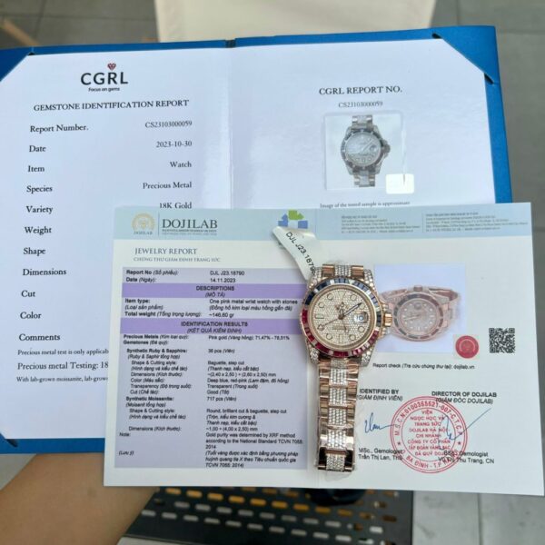 Swiss 1:1 Rolex Replica 11 Watch GMT Master II Gold Wrapped Moissanite Diamond Sapphire 40mm - Top Watch