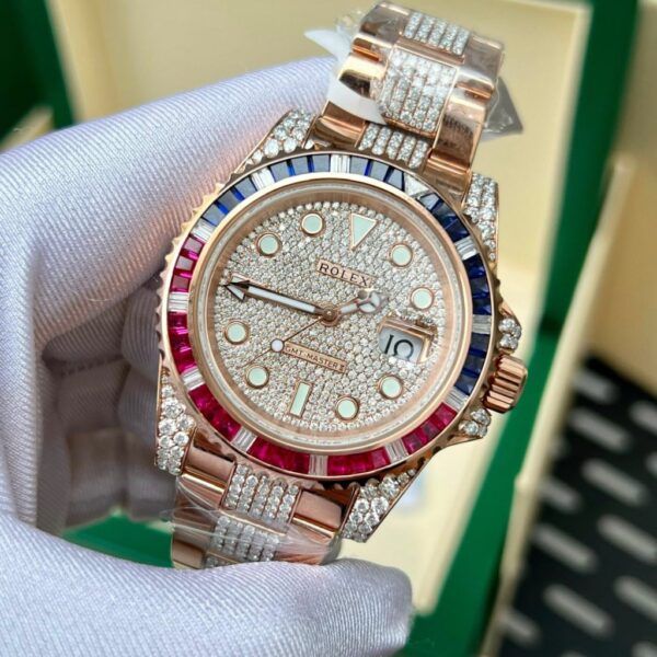 Swiss 1:1 Rolex Replica 11 Watch GMT Master II Gold Wrapped Moissanite Diamond Sapphire 40mm - Top Watch - Image 3