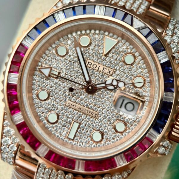 Swiss 1:1 Rolex Replica 11 Watch GMT Master II Gold Wrapped Moissanite Diamond Sapphire 40mm - Top Watch - Image 4