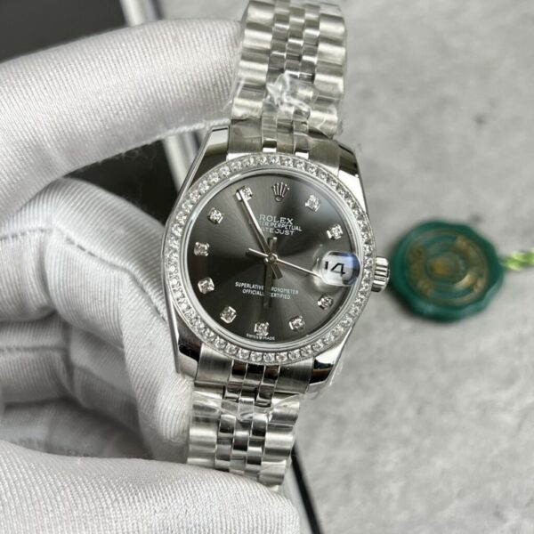 Best Fake Rolex Replica Watch DateJust Women's Diamonds Grey Dial With Stone Bezel EW Factory 31mm - Top Watch