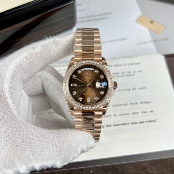 Swiss 1:1 Rolex Replica Watch Day-Date Chocolate Dial Diamonds Bezel Rose Gold Plated EW Factory 36mm - Top Watch