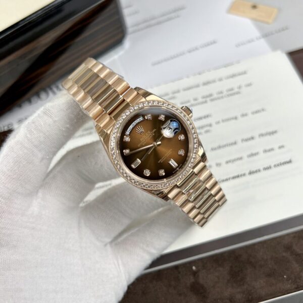 Swiss 1:1 Rolex Replica Watch Day-Date Chocolate Dial Diamonds Bezel Rose Gold Plated EW Factory 36mm - Top Watch - Image 2