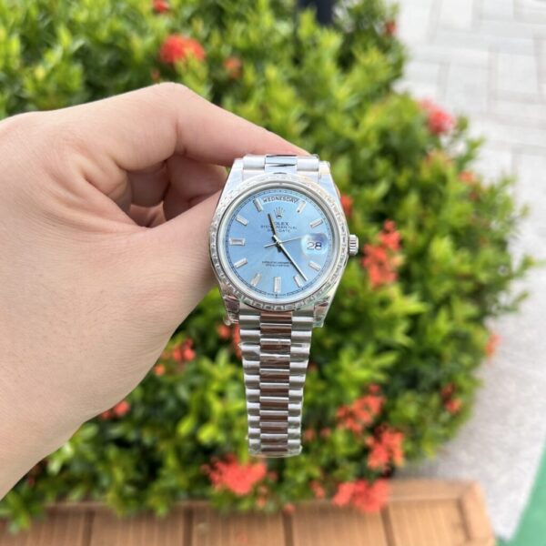 Swiss 1:1 Rolex Replica Watch Day-Date Ice Blue Dial With Baguette Stones EW Factory 40mm - Top Watch