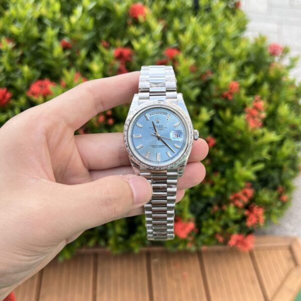 Swiss 1:1 Rolex Replica Watch Day-Date Ice Blue Dial With Baguette Stones EW Factory 40mm - Top Watch - Image 2