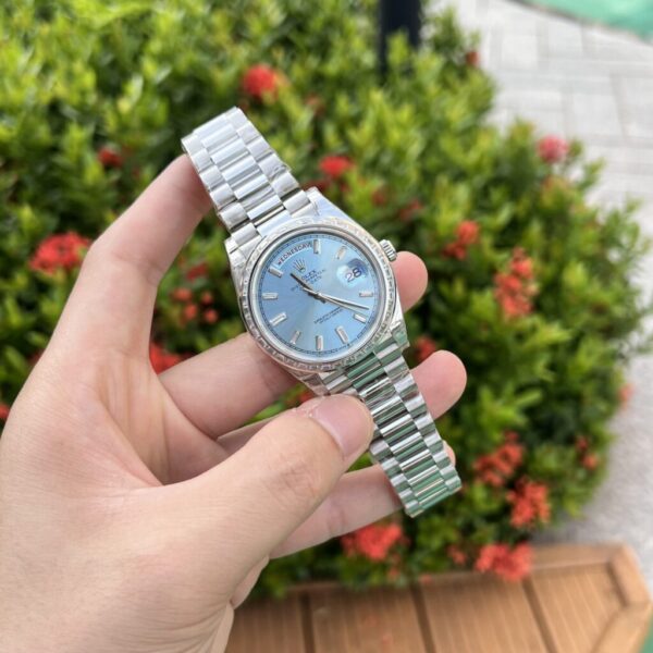 Swiss 1:1 Rolex Replica Watch Day-Date Ice Blue Dial With Baguette Stones EW Factory 40mm - Top Watch - Image 3