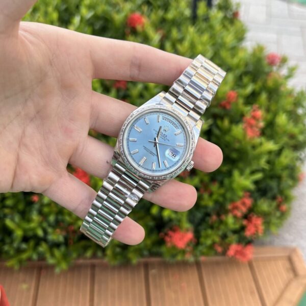 Swiss 1:1 Rolex Replica Watch Day-Date Ice Blue Dial With Baguette Stones EW Factory 40mm - Top Watch - Image 4