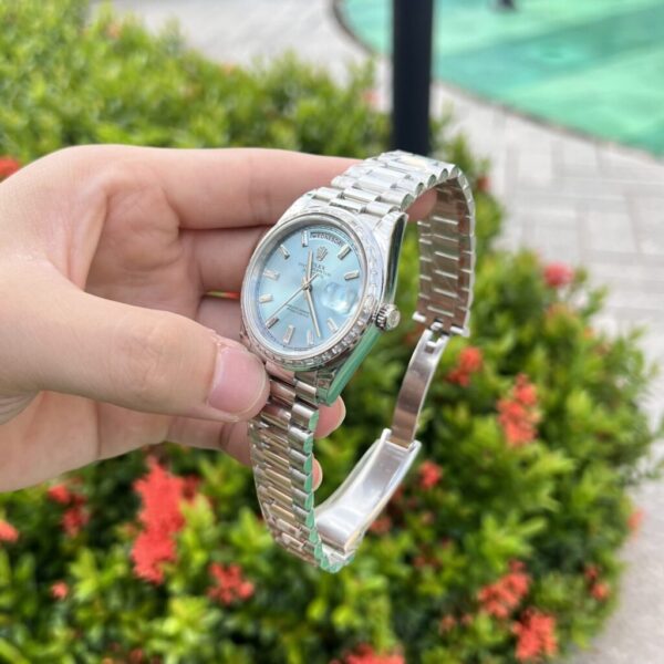 Swiss 1:1 Rolex Replica Watch Day-Date Ice Blue Dial With Baguette Stones EW Factory 40mm - Top Watch - Image 5