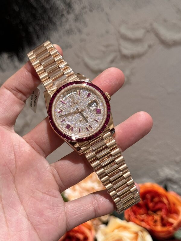 Replica Rolex Replica Watch Day-Date Moissanite Ruby Baguette Red 18K Gold Wrapped 40mm - Top Watch - Image 3