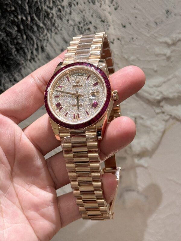 Replica Rolex Replica Watch Day-Date Moissanite Ruby Baguette Red 18K Gold Wrapped 40mm - Top Watch - Image 4