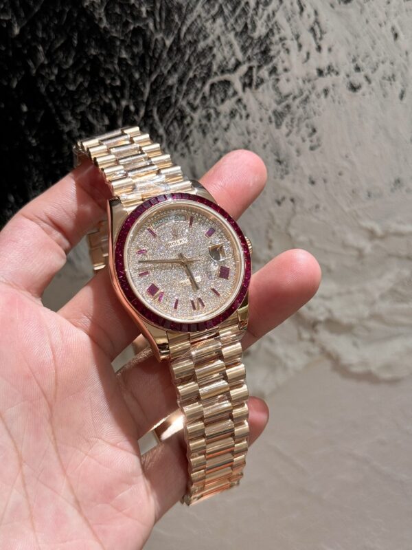 Replica Rolex Replica Watch Day-Date Moissanite Ruby Baguette Red 18K Gold Wrapped 40mm - Top Watch - Image 5